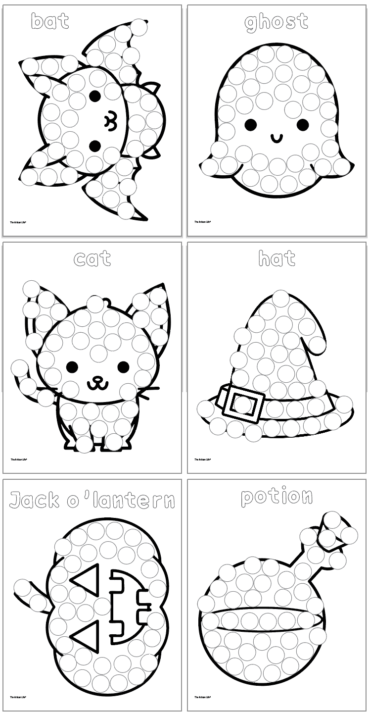 A grid of Halloween-themed dot marker pages featuring a bat, ghost, cat, witch hat, Jack o'lantern, and potion, designed as Halloween activities for dot painting and coloring.
