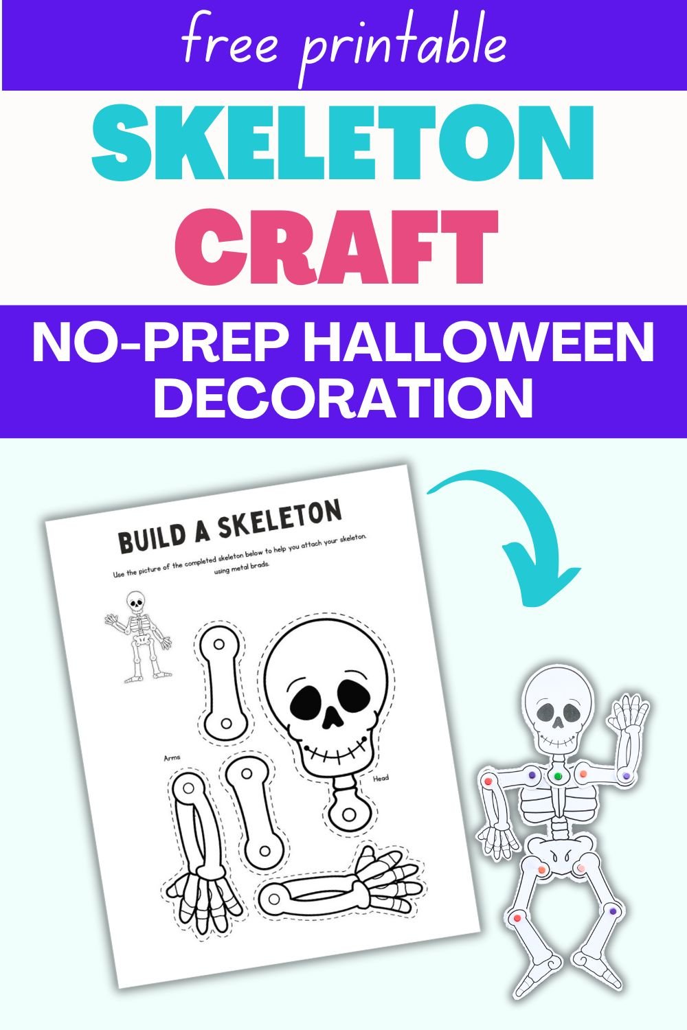 A printable template for building a skeleton craft, featuring labeled parts and a completed example, designed for Halloween decorations and educational purposes related to the human skeletal system.
