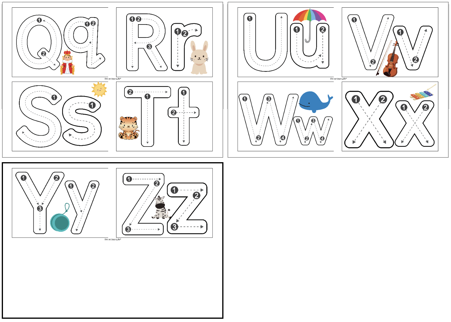 A collection of printable letter formation cards featuring the letters Q to Z, designed for alphabet tracing practice with accompanying visuals for preschool handwriting exercises.
