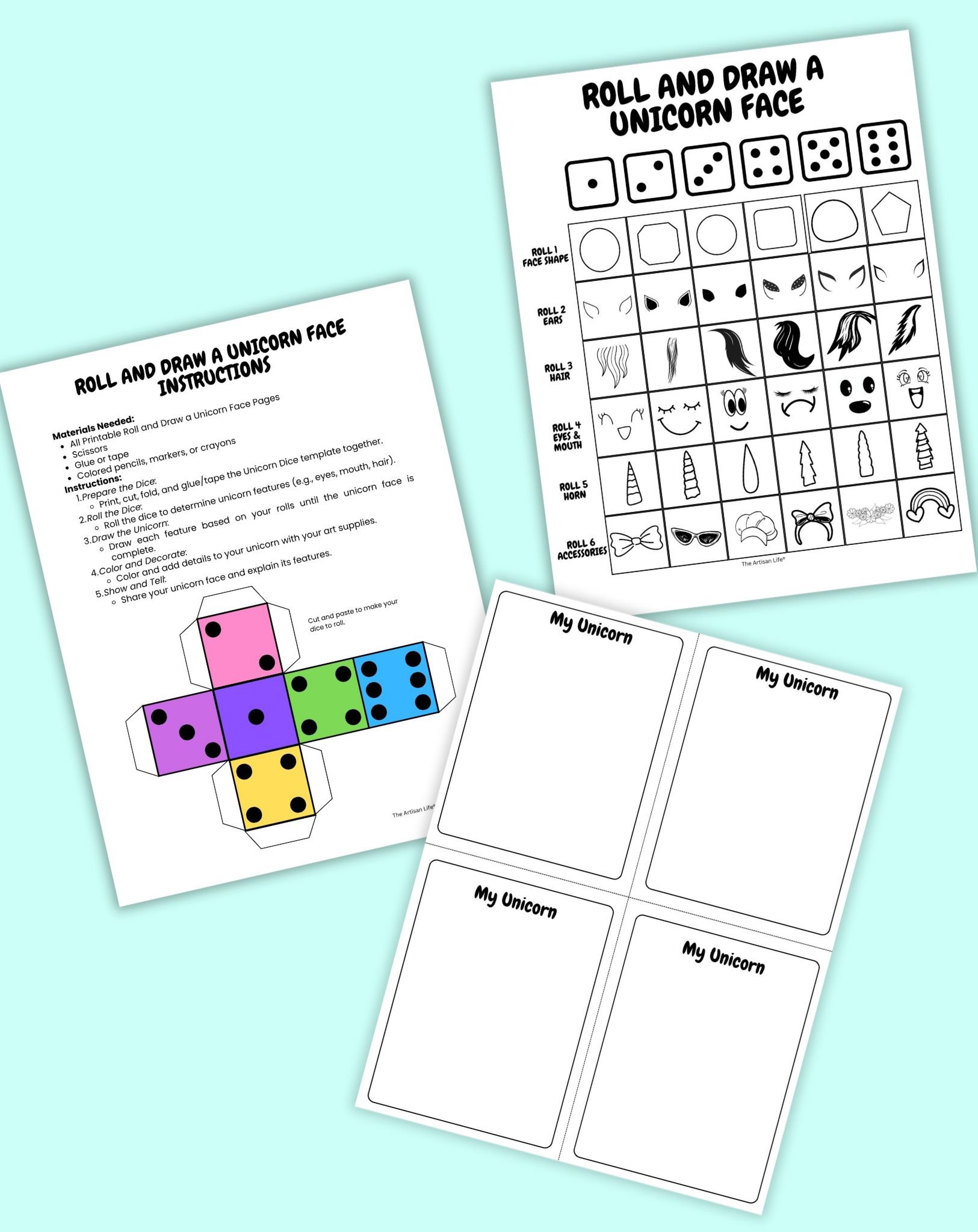 three pages of roll and draw a unicorn game, including a chart, a page to draw, and instructions