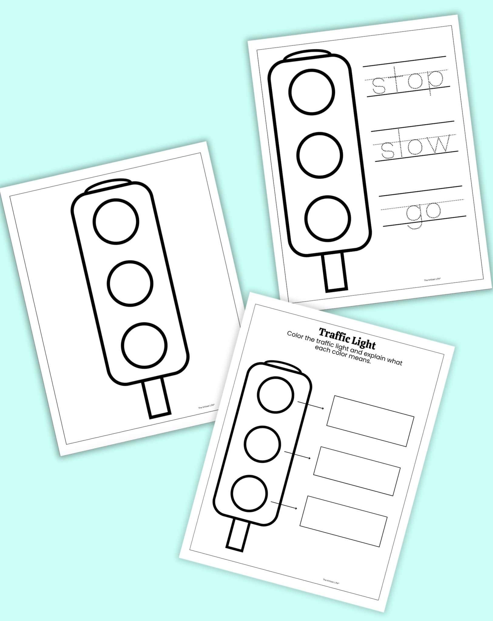 three traffic light safety coloring pages