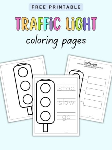 text "free printable traffic light coloring pages" with a preview of three pages of traffic light safety coloring sheet