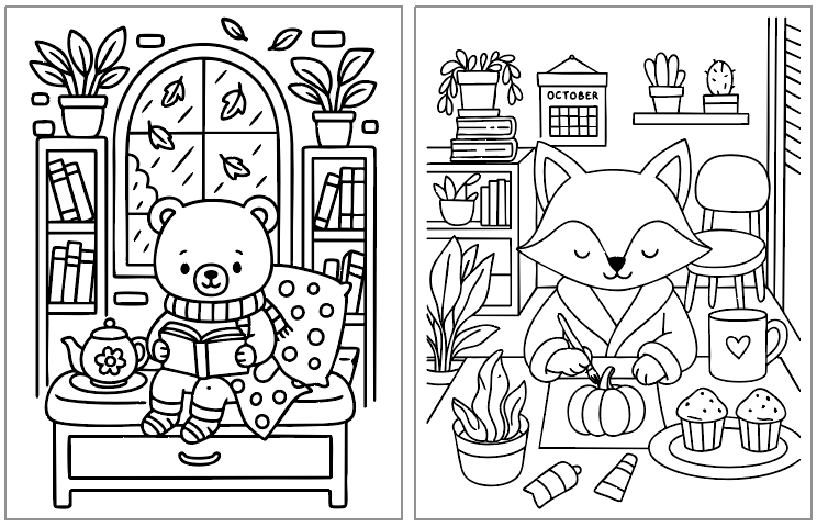 A cozy fall scene features a bear reading with a teapot and blanket on the left, while a fox in a robe decorates a pumpkin with cupcakes and plants in the right setting, illustrating free printable fall coloring pages.
