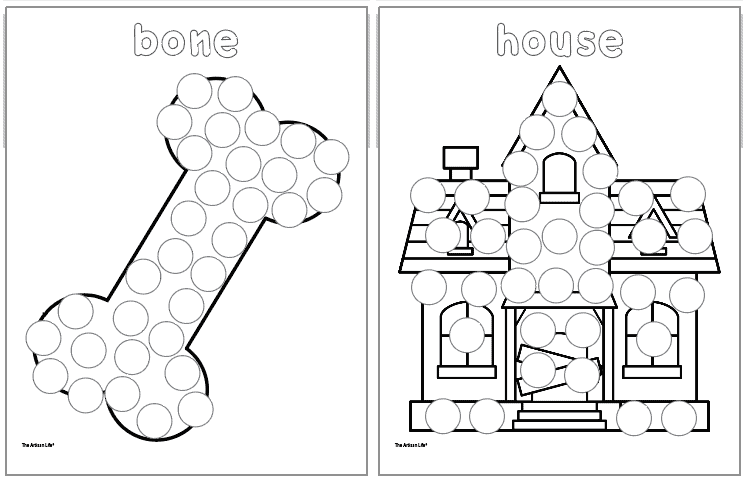 Two Halloween dot marker pages featuring a bone and a haunted house, designed for dot painting activities and coloring fun.

