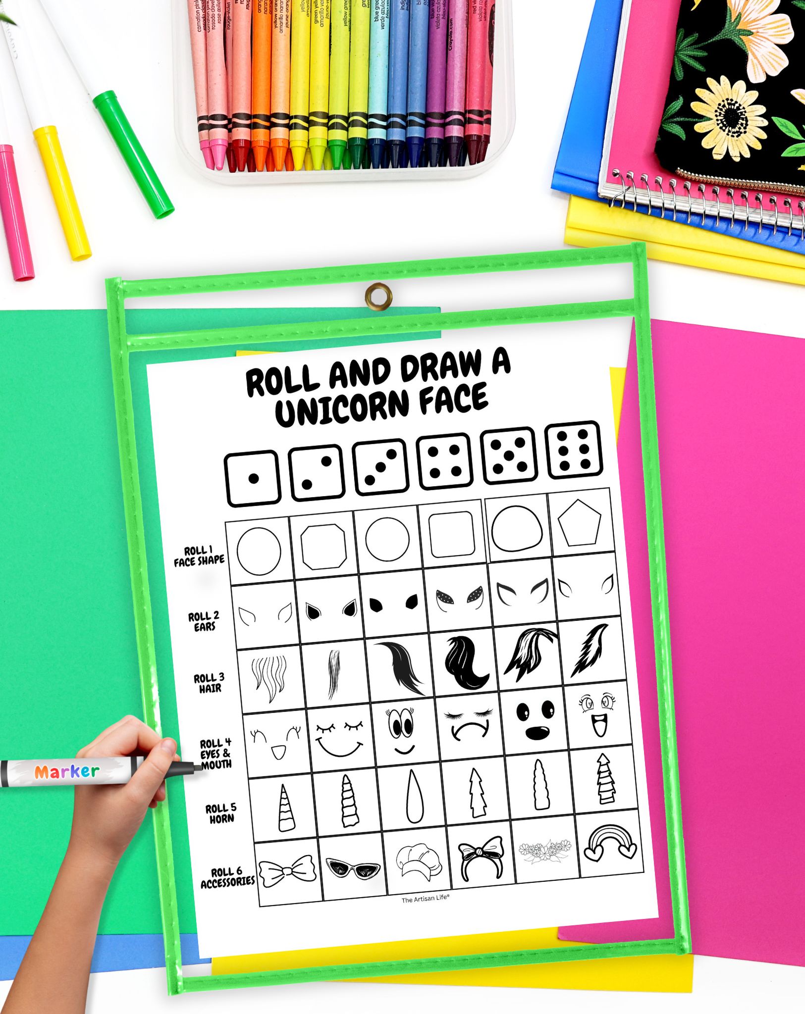 a chart for a roll a unicorn game in a page protector