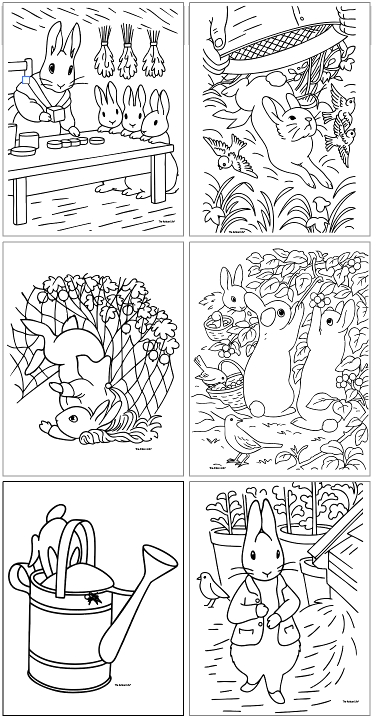 six Beatrix Potter themed coloring pages showing scenes from Peter Rabbit