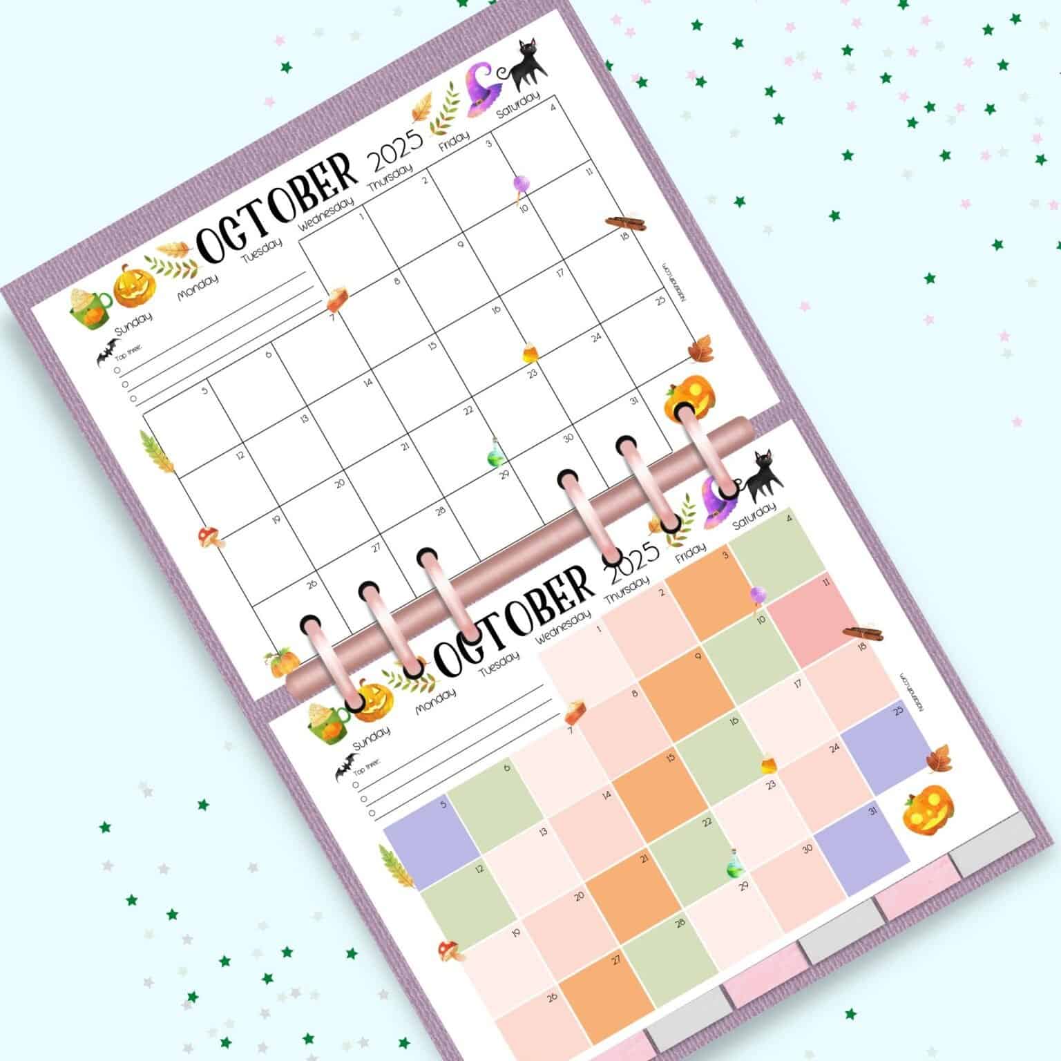 A preview of two October 2025 calendar printables