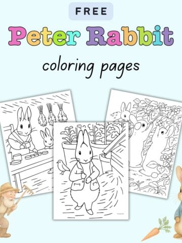 text "Free Peter rabbit coloring pages" with a preview of three Peter rabbit coloring page free printables
