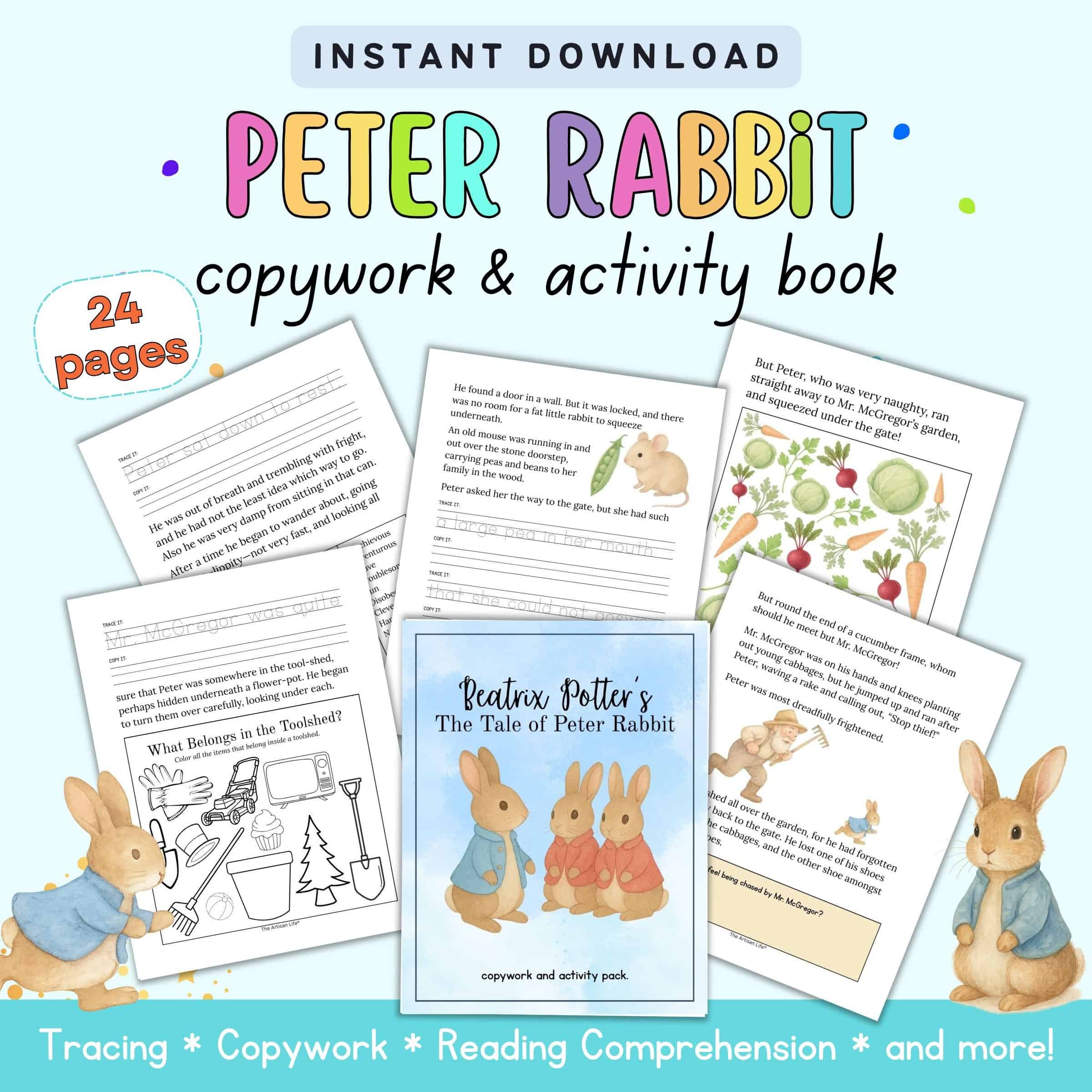 text "instant download Peter Rabbit copywork and activity book" with images from a Peter Rabbit activity pack.