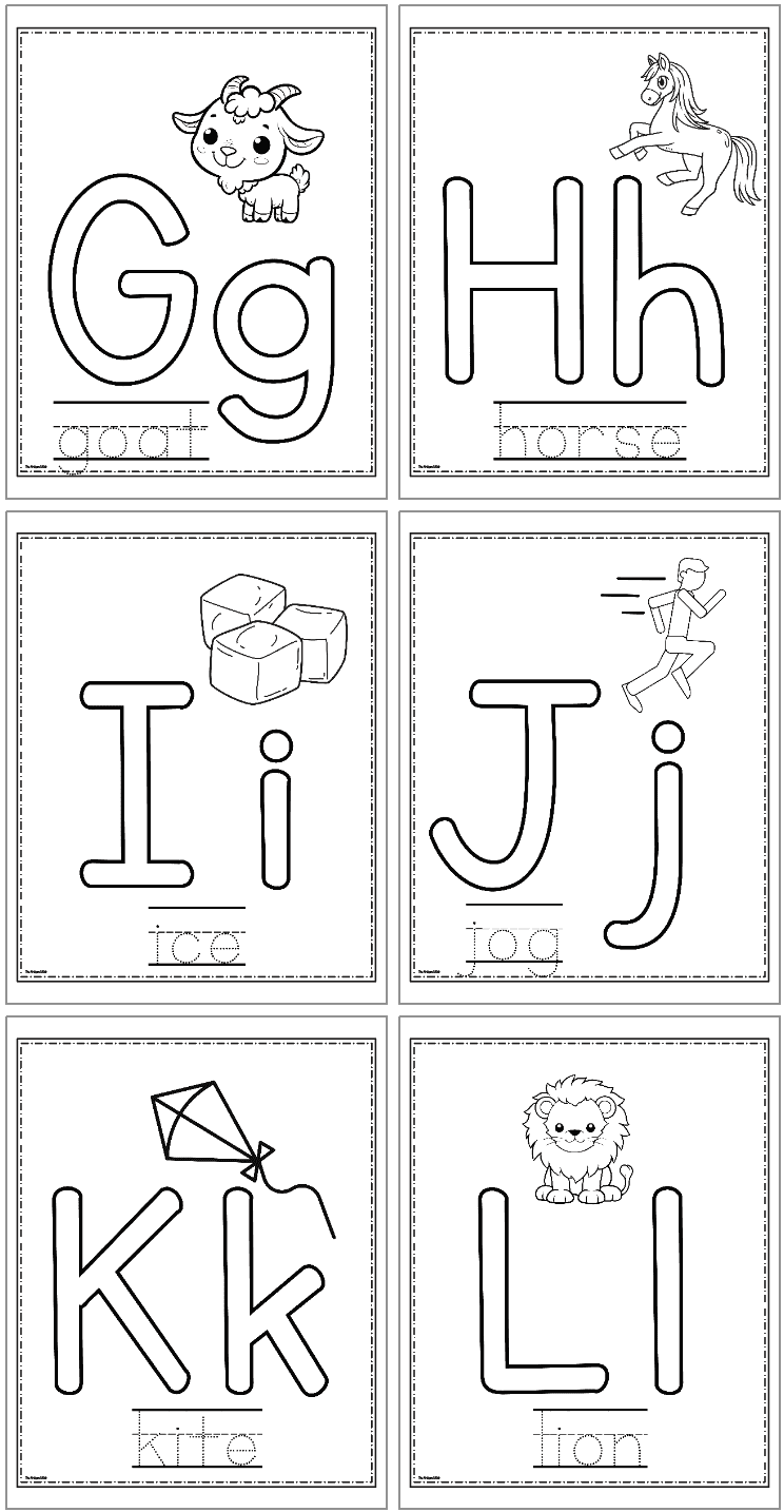A series of printable alphabet coloring activity pages featuring the letters G, H, I, J, K, and L along with corresponding illustrations and words for preschool learning.

