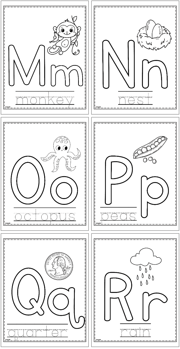 A printable alphabet coloring activity page featuring the letters M, N, O, P, Q, and R, each accompanied by corresponding illustrations and words for preschool alphabet learning.
