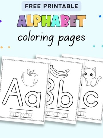 Printable alphabet coloring activity pages featuring the letters A, B, and C alongside corresponding images of an apple, bananas, and a cat, suitable for preschool learning.