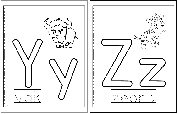 Two coloring pages feature the letters "Y" and "Z" alongside a yak and a zebra, respectively, designed as part of a printable alphabet coloring activity for preschool children.
