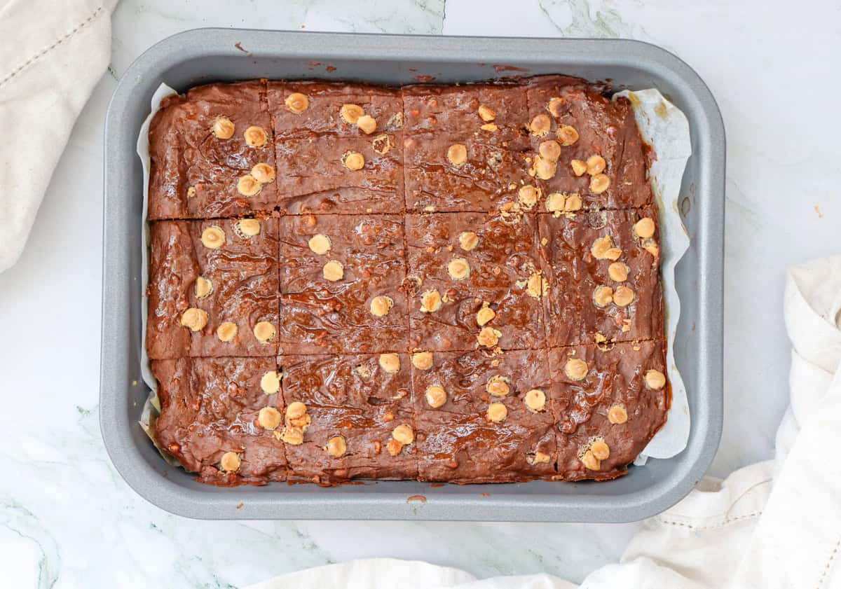 a pan of baked sweet potato brownies