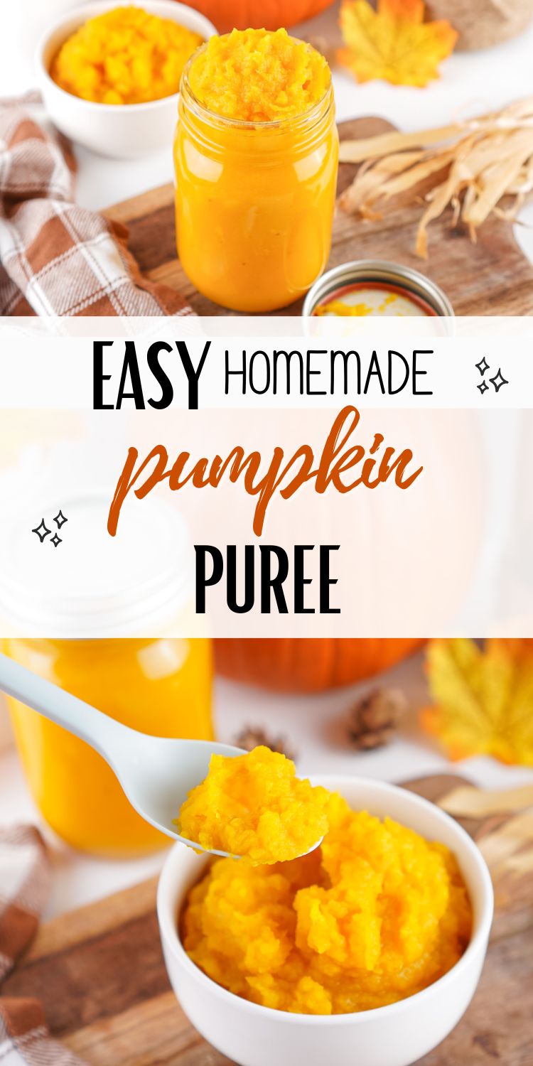 A jar and bowl of homemade pumpkin puree sit alongside a spoon, with decorative fall elements in the background, illustrating a key ingredient for fall baking and pumpkin pie recipes.
