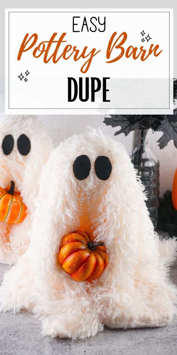 Two fluffy white ghost figures, resembling a DIY project, hold small pumpkins and are styled as Pottery Barn-inspired fall decor for Halloween.

