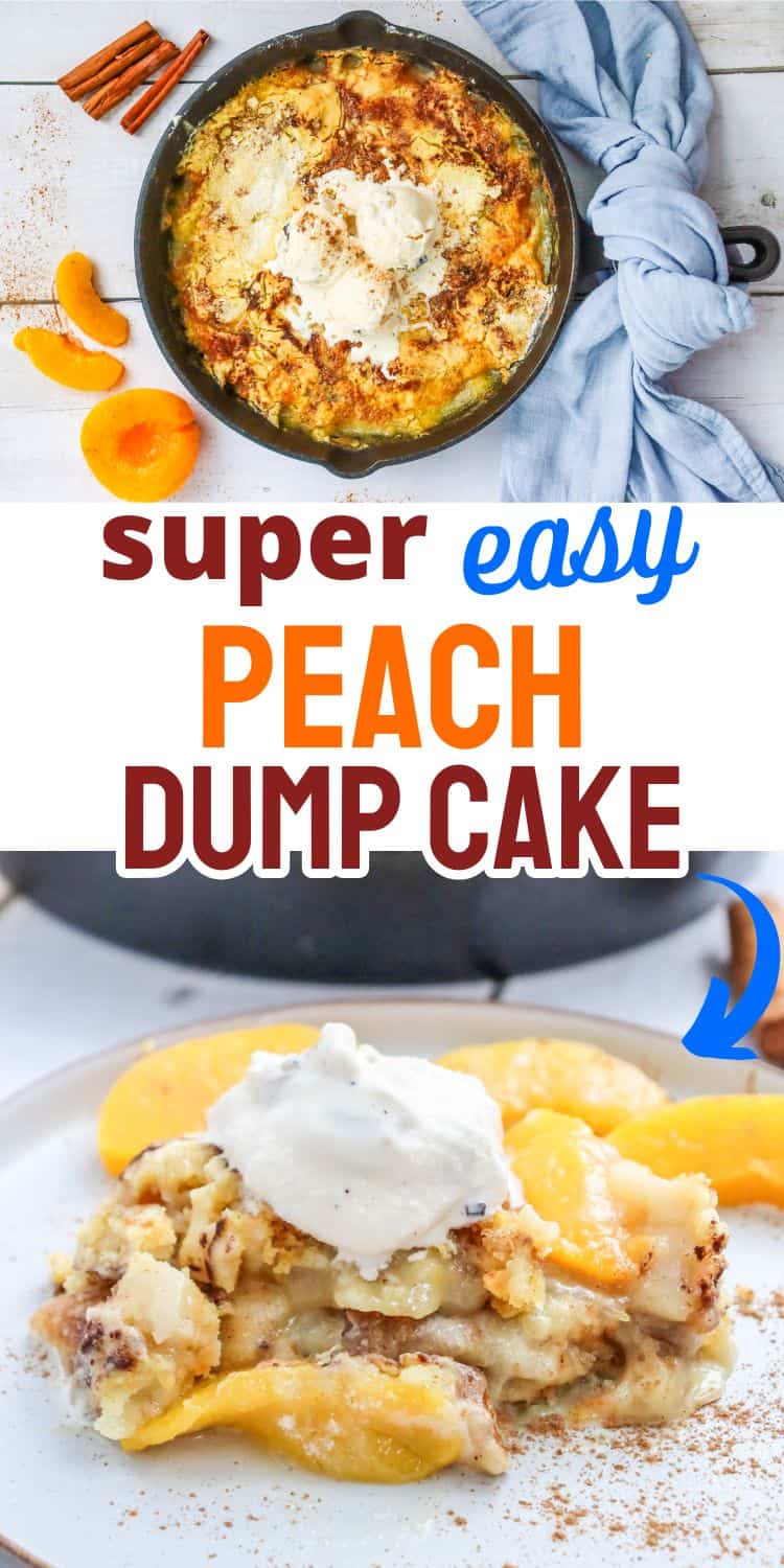 A cast iron skillet holds a peach dump cake topped with ice cream and cinnamon, with fresh peaches and cinnamon sticks arranged nearby, representing an easy peach dessert recipe.