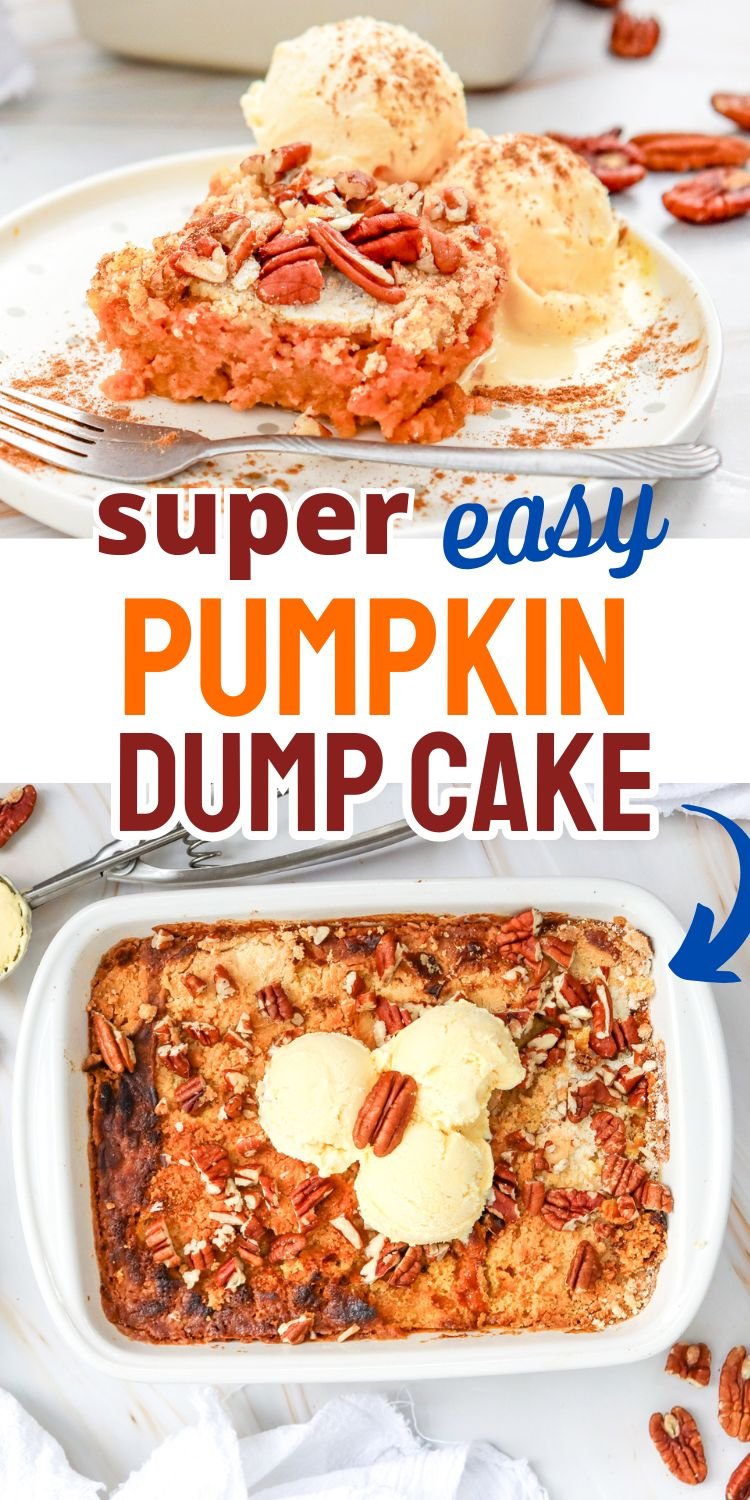 A slice of pumpkin dump cake topped with vanilla ice cream and pecans is displayed on a plate beside the baking dish, highlighting an easy pumpkin dessert recipe.
