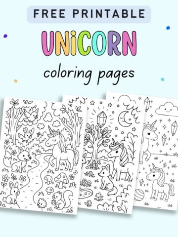 A collection of three black-and-white unicorn coloring pages featuring cute unicorns in magical settings, labeled as "Free Printable Unicorn Coloring Pages."