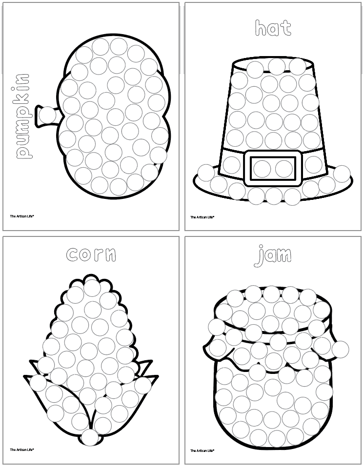 Three Thanksgiving-themed dot marker printables feature a basket of rolls, a pie, and an acorn, designed for dot painting activities suitable for preschoolers.
