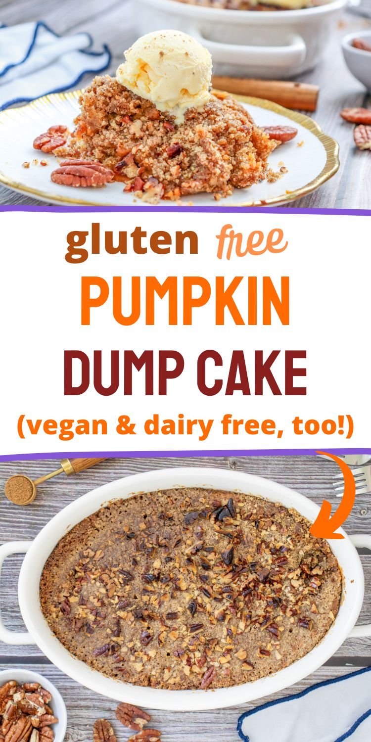 An overhead view of a plate serving gluten-free pumpkin dump cake topped with ice cream, alongside a baking dish of the dessert and a bowl of pecans.
