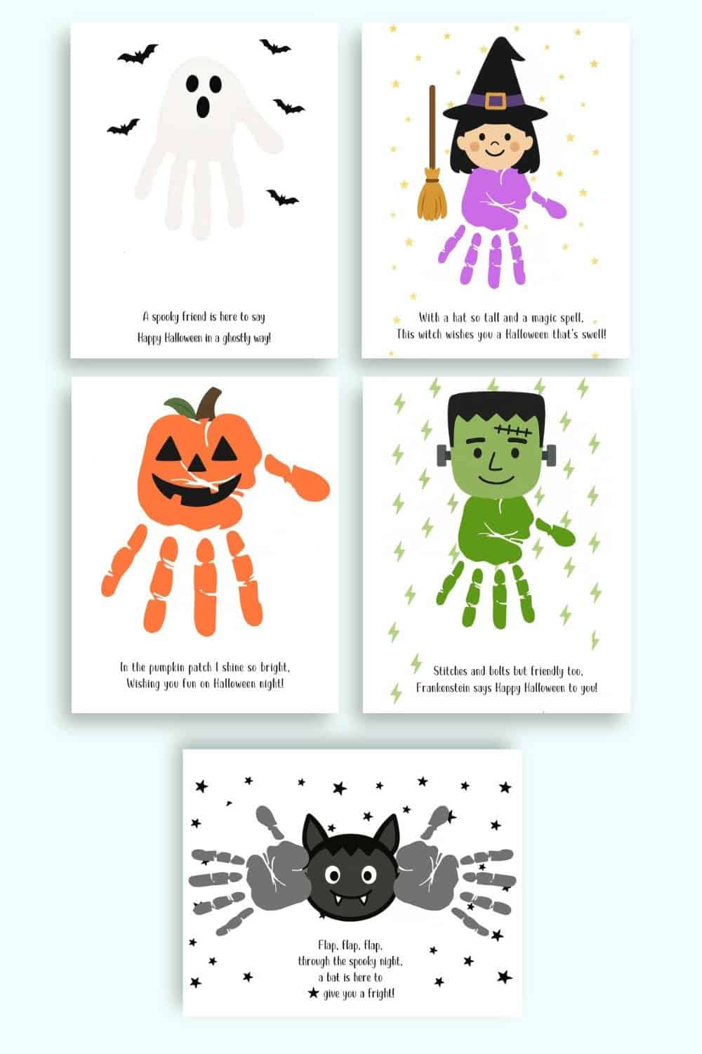 A collection of five Halloween handprint art templates featuring a ghost, witch, pumpkin, Frankenstein, and bat, each designed for October crafts suitable for toddlers.
