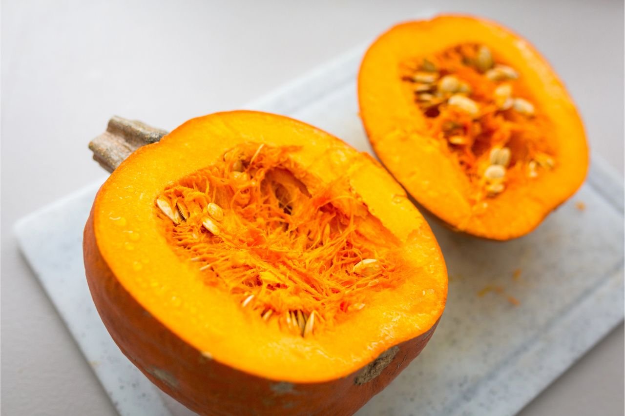 a cut open pie pumpkin