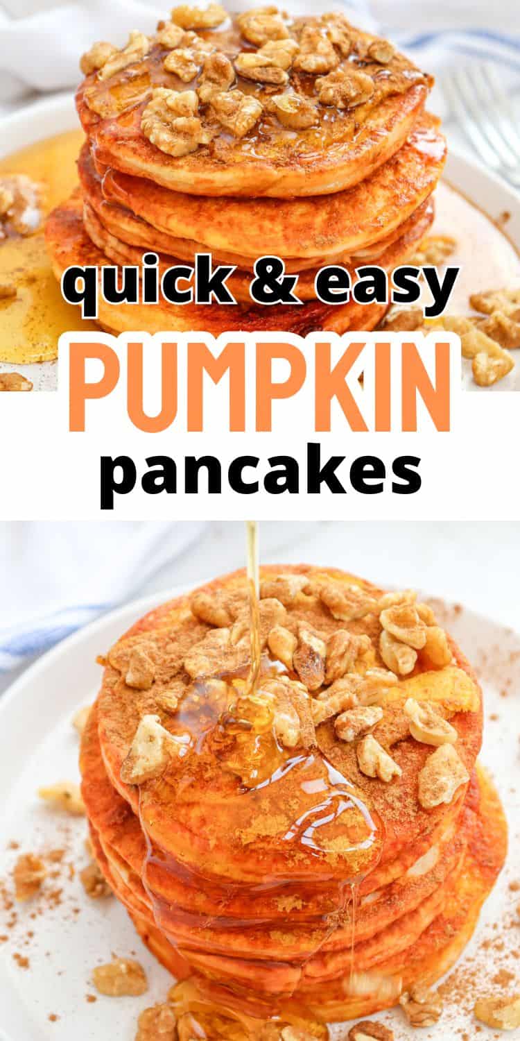 text "quick and easy pumpkin pancakes" with two pictures of pumpkin pancakes topped with walnuts