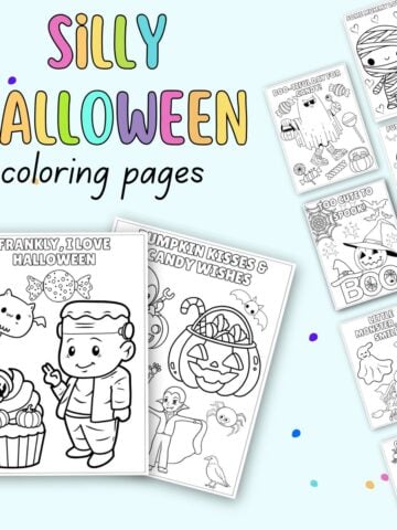 A collection of printable Halloween coloring pages featuring cute characters and festive elements, designed for kids, with titles like "Frankly, I Love Halloween" and "Pumpkin Kisses & Candy Wishes."