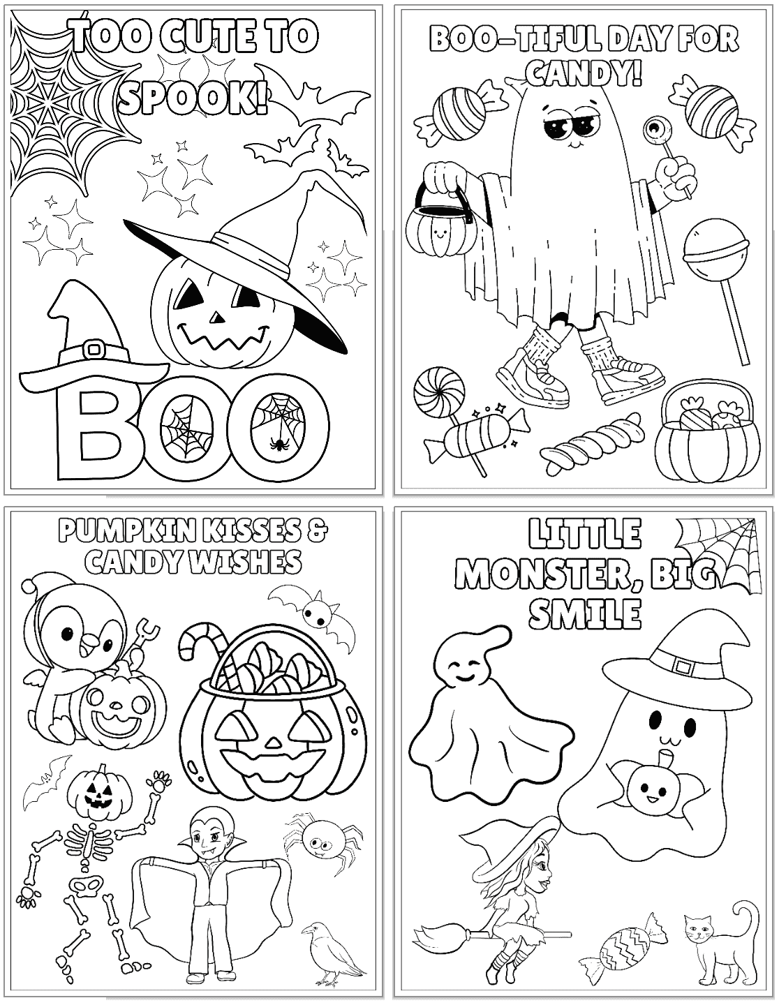 A collage of four Halloween-themed coloring pages featuring various cute designs such as a pumpkin, ghost, and witch, suitable for kids and available as free printable Halloween coloring pages.
