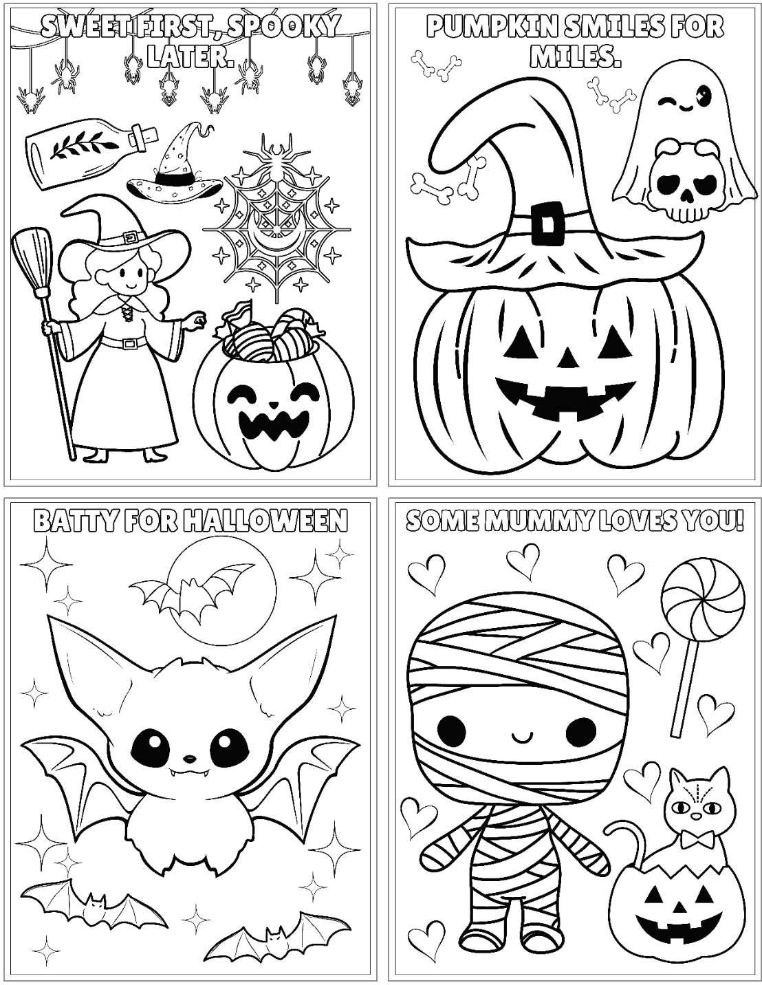 A collection of four Halloween-themed coloring pages featuring a witch, a jack-o'-lantern, a bat, and a mummy, designed for kids and available as free printable Halloween coloring pages.
