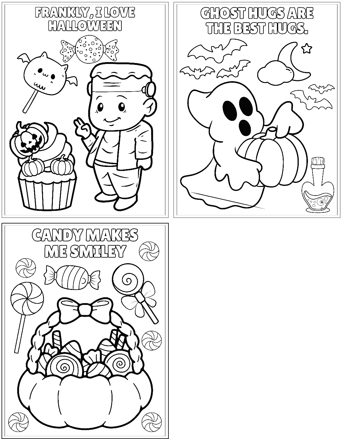 Three Halloween-themed coloring pages featuring a cheerful character with candy, a ghost holding a pumpkin, and a festive basket of sweets, suitable for kids and labeled with playful phrases, presented as free printable Halloween coloring pages.
