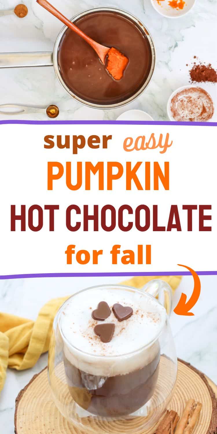 A pot of chocolate hot chocolate is shown alongside a glass mug filled with pumpkin hot chocolate, topped with whipped cream and heart-shaped chocolate, emphasizing fall hot chocolate recipes and ideas.
