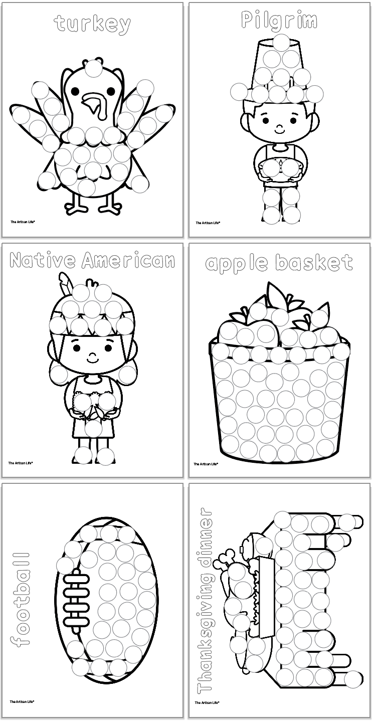 A collection of Thanksgiving dot marker pages featuring images of a turkey, pilgrim, Native American, apple basket, football, and Thanksgiving dinner, designed for preschool activities and dot painting activities.
