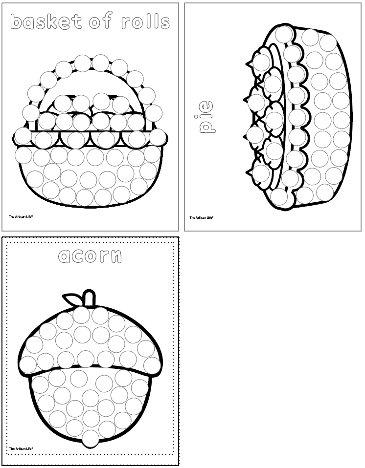 A set of four Thanksgiving dot marker pages for preschool activities, featuring a pumpkin, hat, corn, and jam, designed for dot painting and dot marker printables.
