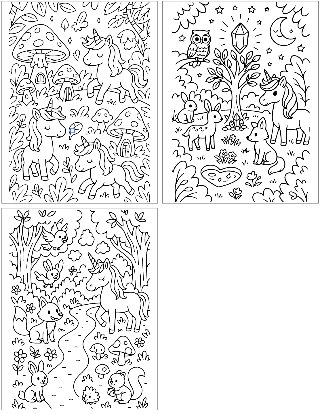 A set of three black and white unicorn coloring pages features cute unicorns in various magical scenes surrounded by mushrooms, trees, and woodland animals, ideal for free printable unicorn coloring book activities.

