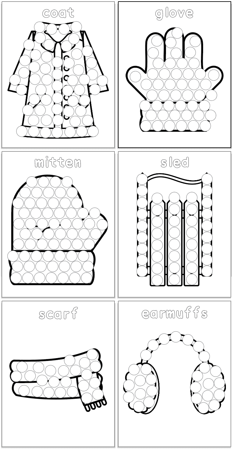 six winter dot marker pages with vocabulary