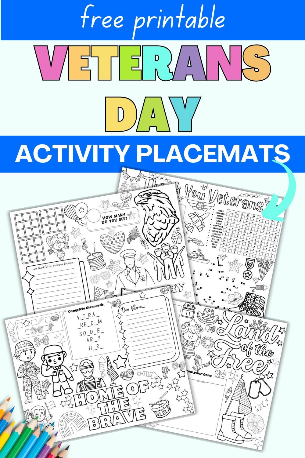 text "free printable veterans day activity placemats" with a preview of four activity placemats for Veterans Day