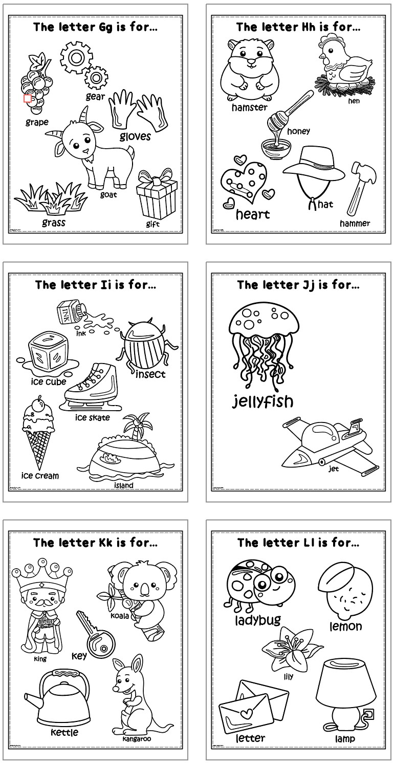 A collage of alphabet-themed coloring pages features letters G through L, each accompanied by corresponding illustrations, serving as a printable alphabet coloring activity for preschoolers.
