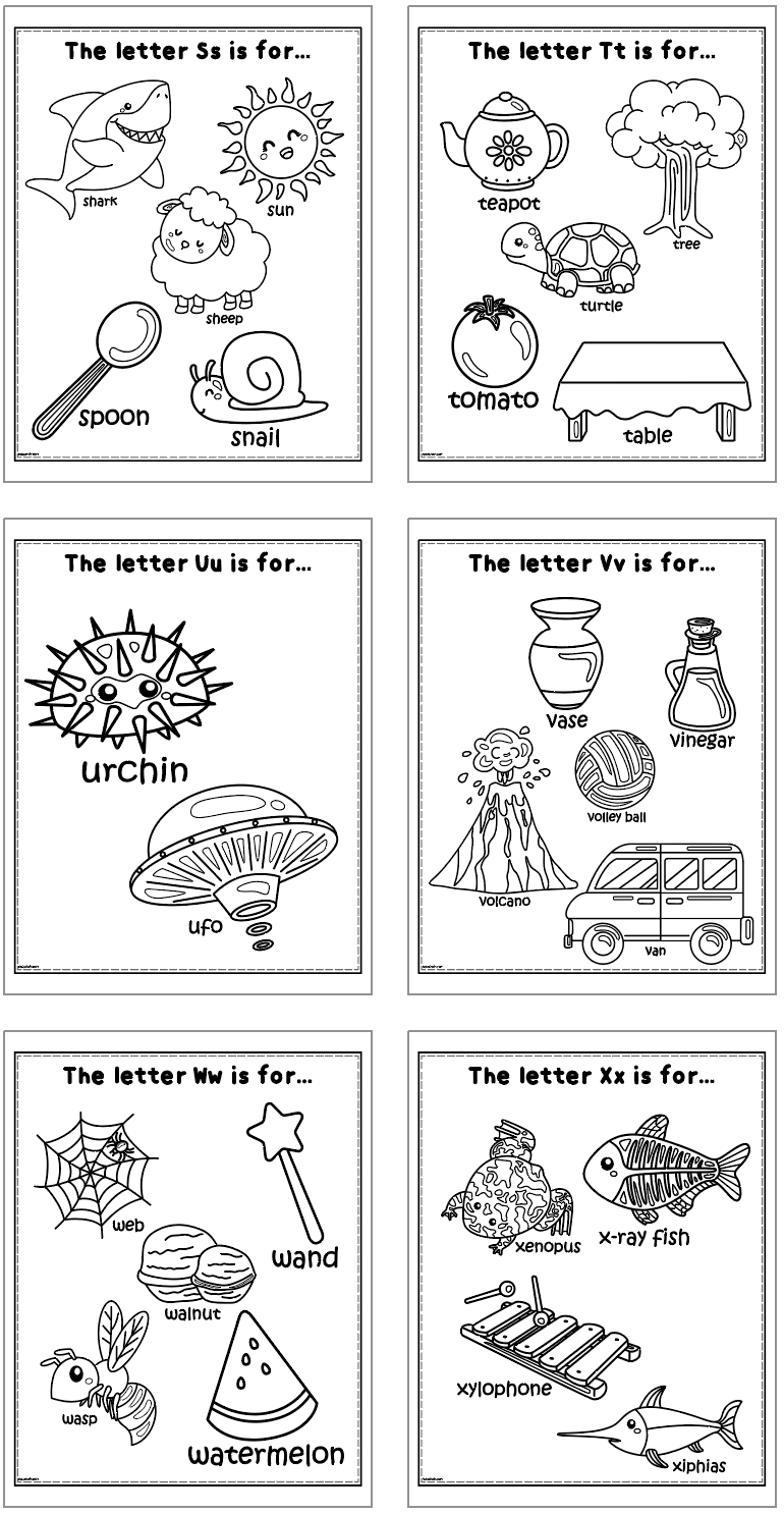 A printable alphabet coloring activity featuring various illustrations for the letters S, T, U, V, W, and X, aimed at preschoolers to enhance their alphabet learning through fun coloring worksheets.
