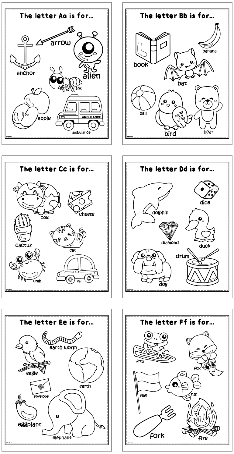 A printable alphabet coloring activity book page featuring illustrations and words corresponding to the letters A to F, designed as a fun alphabet learning activity for preschool children.
