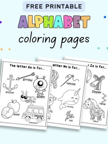 Text "free printable alphabet coloring pages" with images of A, M, and Z coloring sheets