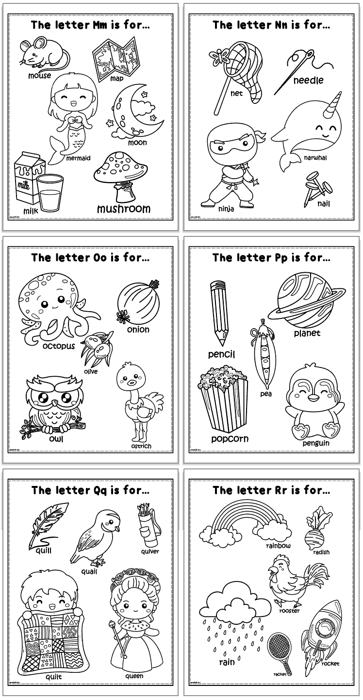 The image features six pages from a printable alphabet coloring activity book, with each page dedicated to a letter (M, N, O, P, Q, R) and illustrating various corresponding objects for alphabet learning, making it suitable for an ABC coloring book for preschool and providing fun alphabet worksheets for kids.
