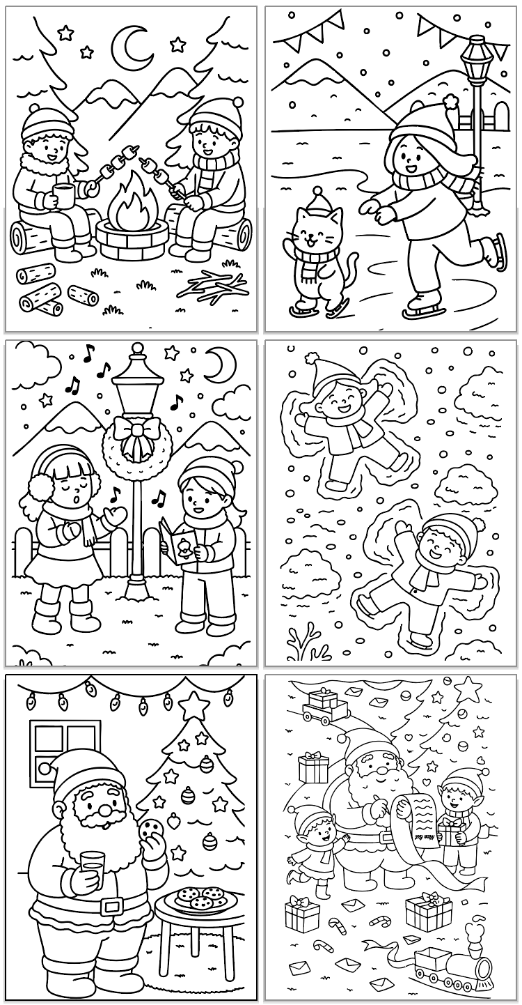 six bold and easy style christmas coloring pages for kids