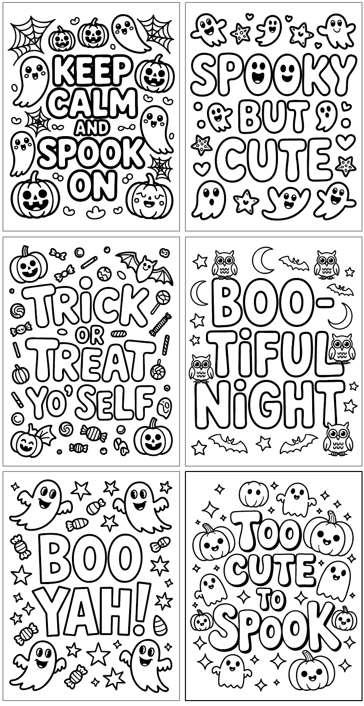 A collection of six black-and-white Halloween coloring pages featuring playful themes such as ghosts, pumpkins, and phrases like "Boo Yah!" and "Spooky but Cute," ideal for kids and available as free printables.
