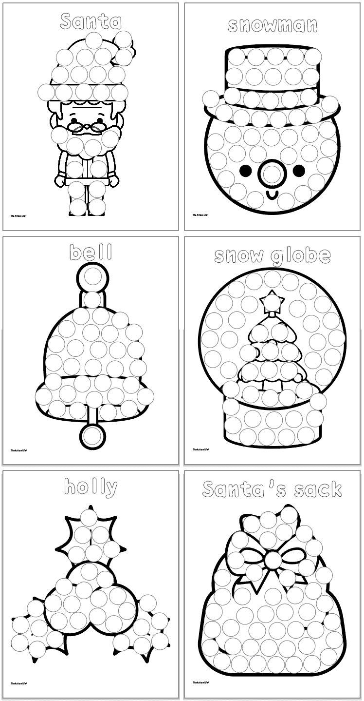 A collection of "Do a Dot Christmas" printable worksheets featuring outlines of a Santa, snowman, bell, snow globe, holly, and Santa's sack, designed for toddler Christmas activities using dot markers.