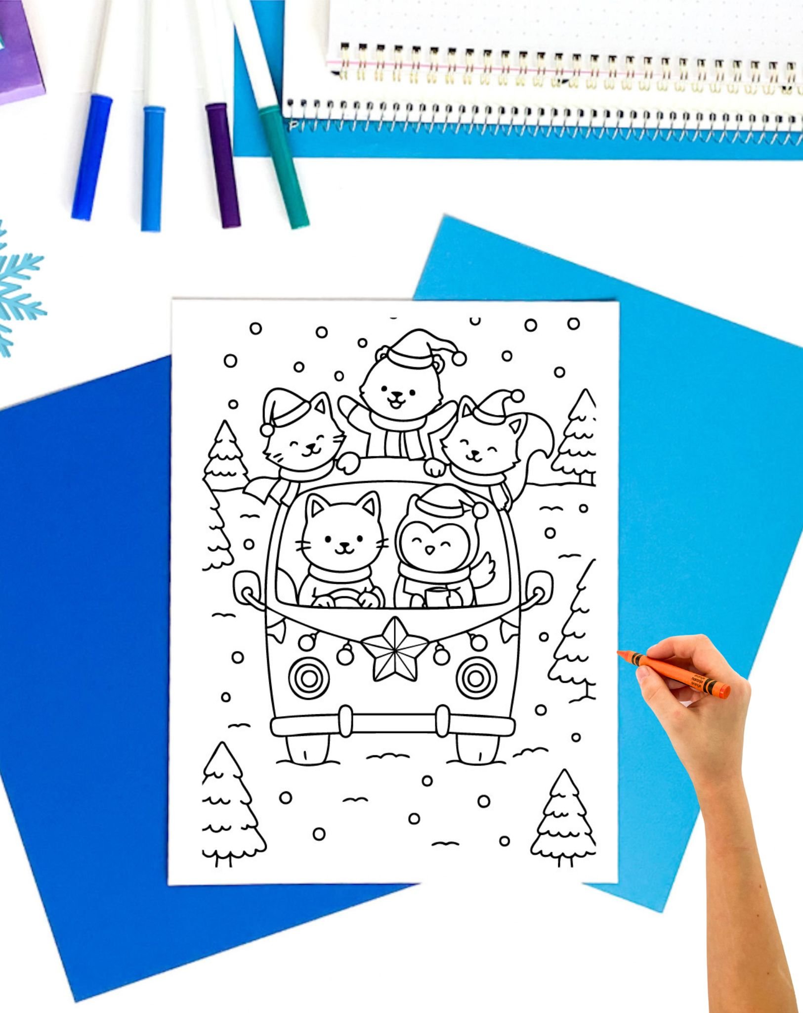 A coloring page showing Christmas animals in an old style van