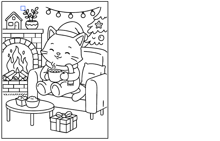 a cozy christmas coloring page showing a cat with hot chocolate