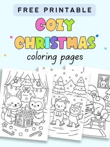 text "free printable cozy Christmas coloring pages" with a preview of three pages