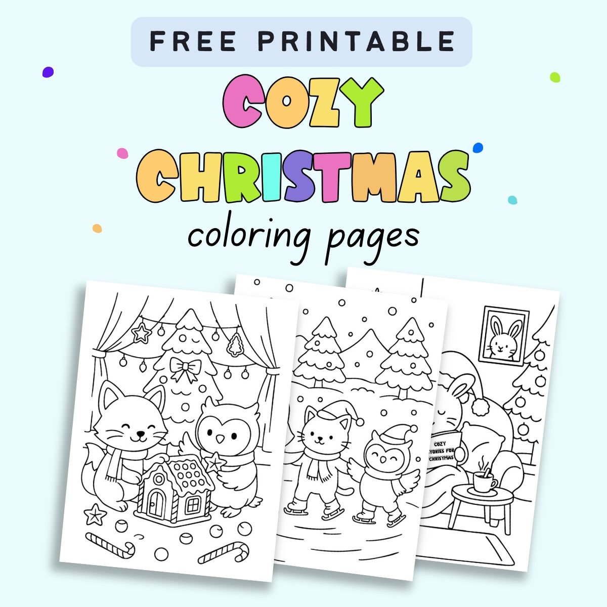 text "free printable cozy Christmas coloring pages" with a preview of three pages